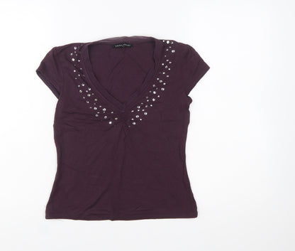 Laura Ashley Women Purple Beaded V-Neck Short Sleeve T-Shirt Size 8