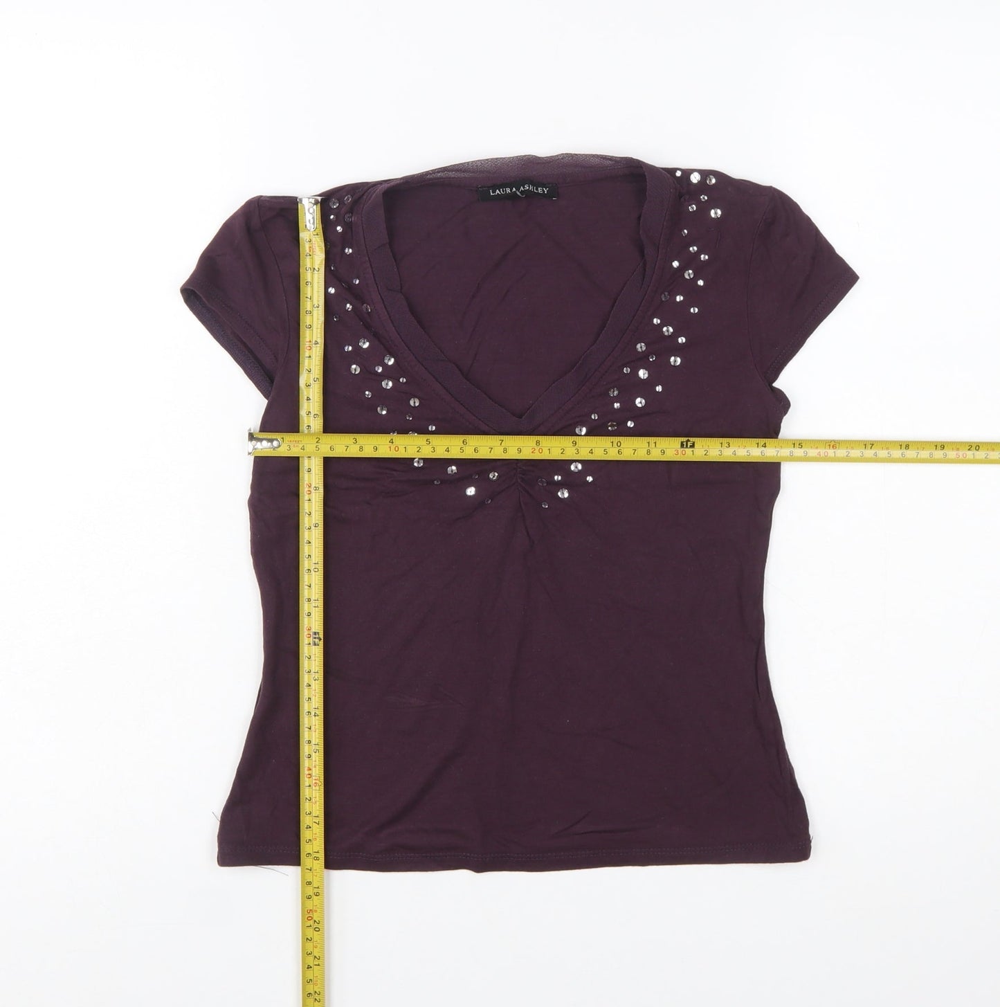 Laura Ashley Women Purple Beaded V-Neck Short Sleeve T-Shirt Size 8