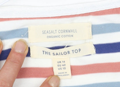 Seasalt Cornwall Womens Multicoloured Stripe Boat Neck 3/4 Sleeve Cotton Top Size 14