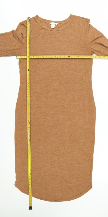 H&M Women Brown Bodycon Jersey Long Sleeve Dress Size 12