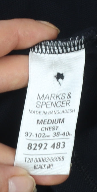 Marks and Spencer Men's Black Cotton Polo Shirt Medium Classic Fit