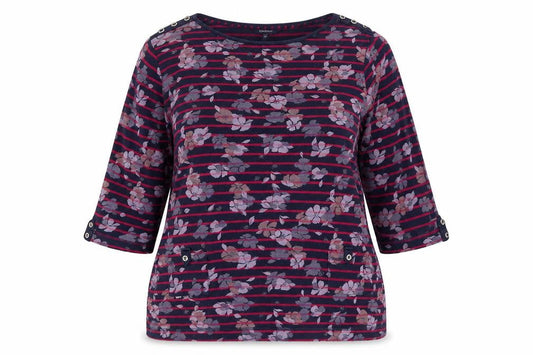 Maine New England Women's Multicoloured Floral Stripe 3/4 Sleeve Cotton Jersey T-Shirt Size 20