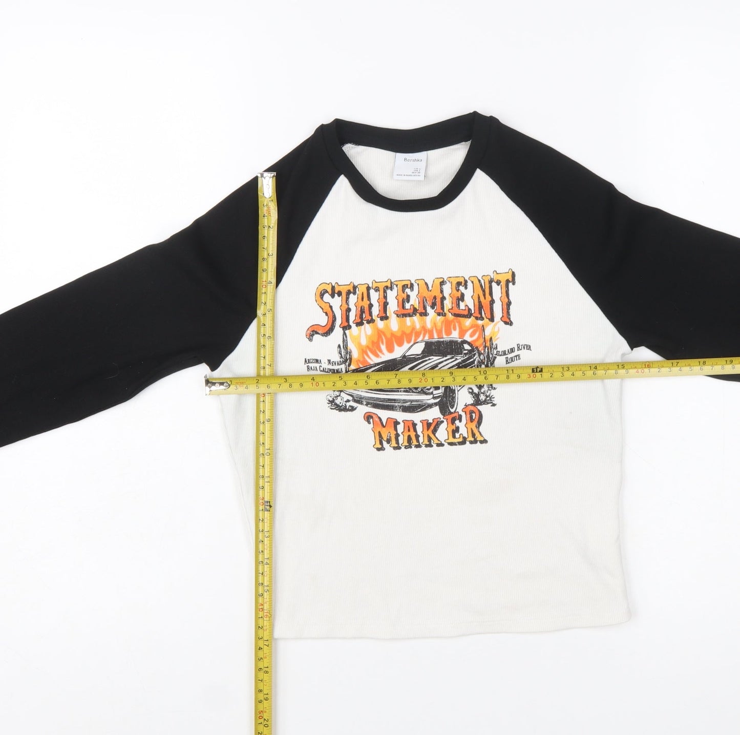 Bershka Womens Multicoloured Cropped Long Sleeve Graphic T-Shirt L