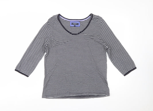 Maine New England Women's Blue Striped Cotton 3/4 Sleeve V-Neck Top Size 18