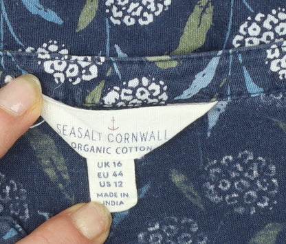 Seasalt Cornwall Women Blue Floral 3/4 Sleeve Tunic Top UK 16 Organic Cotton