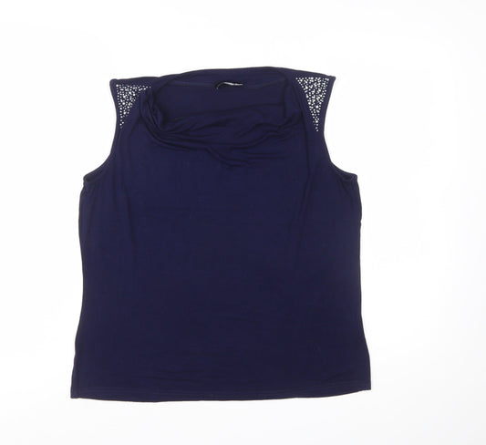 Klass Women's Blue Beaded Cowl Neck Sleeveless Camisole Top Size L
