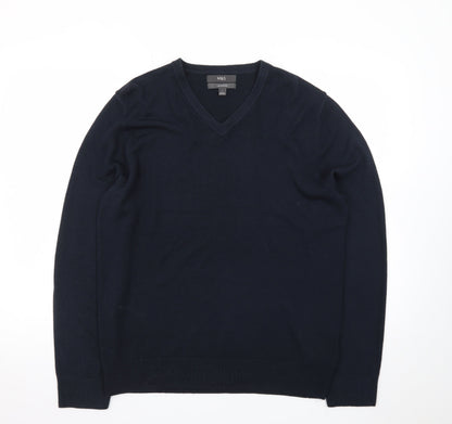 Marks and Spencer Men's Blue V-Neck Acrylic Jumper Size L