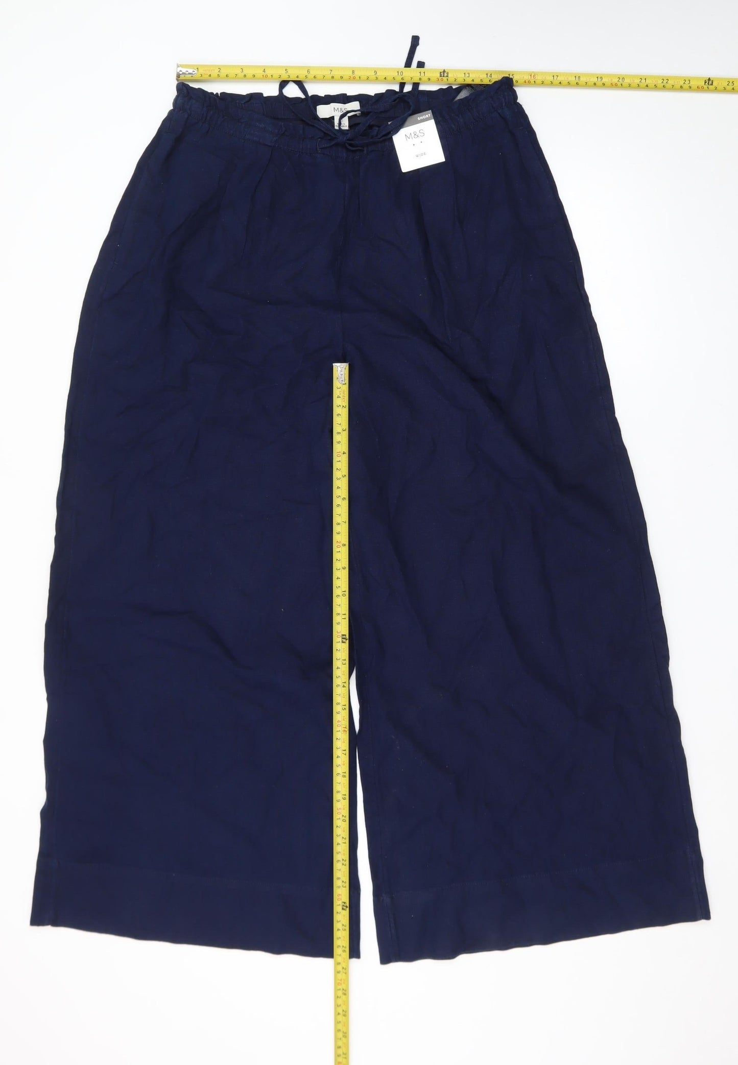 Marks and Spencer Womens Blue Linen Blend Wide Leg Cropped Trousers Size 14