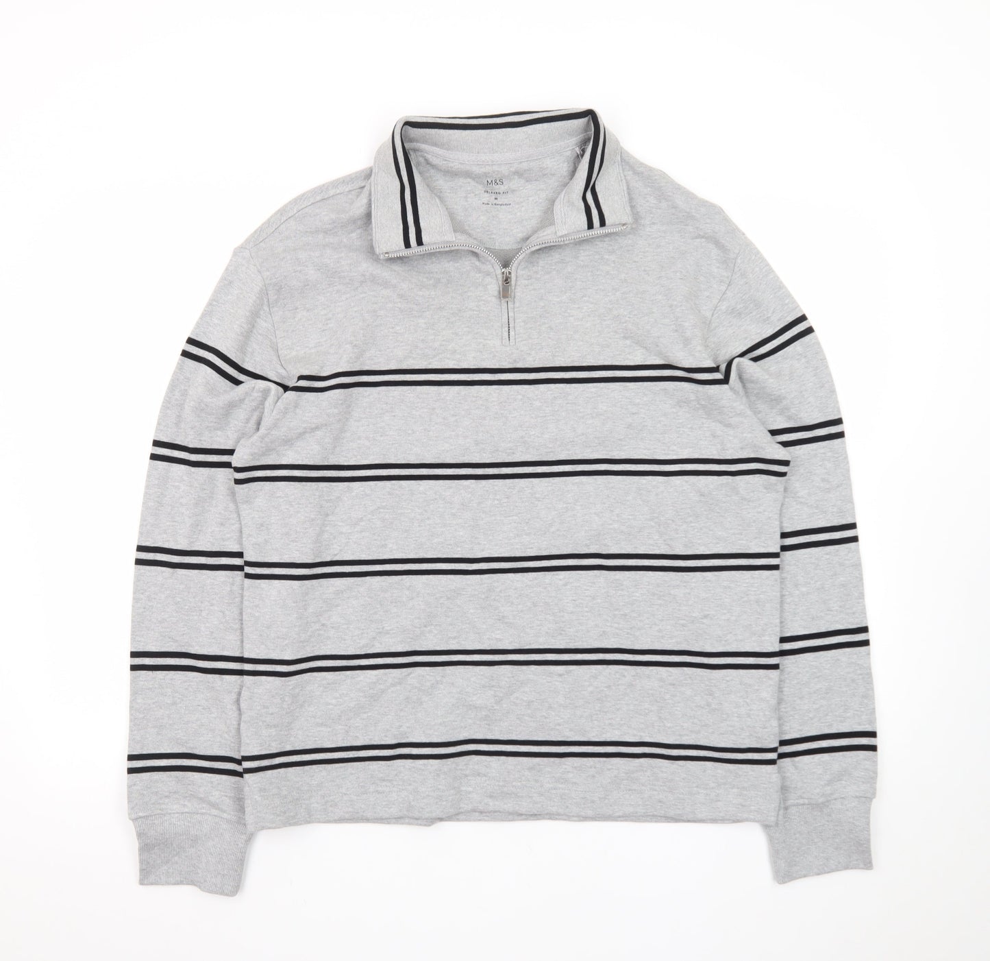 Marks and Spencer Men's Grey Striped 1/4 Zip Cotton Sweatshirt M