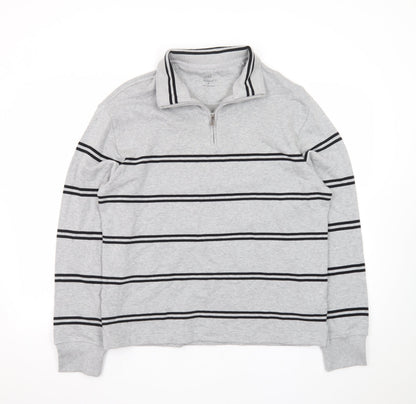 Marks and Spencer Men's Grey Striped 1/4 Zip Cotton Sweatshirt M