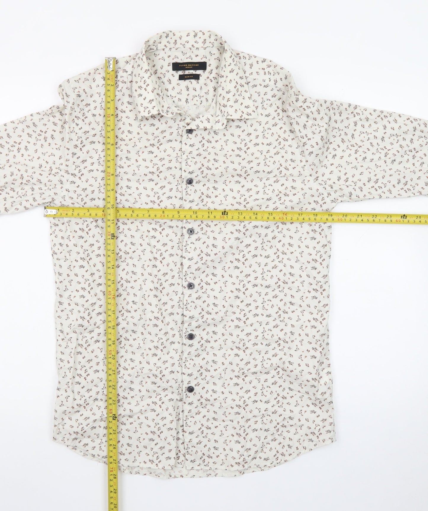 Flying Machine Men's Beige Floral Cotton Long Sleeve Button-Up Shirt M