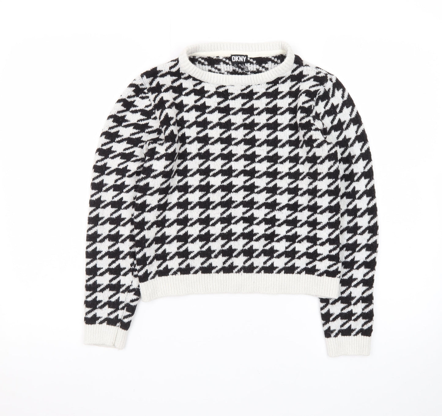 DKNY Women Black & White Houndstooth Crew Neck Jumper Size 12