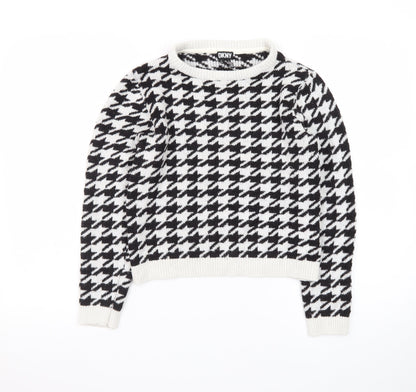 DKNY Women Black & White Houndstooth Crew Neck Jumper Size 12