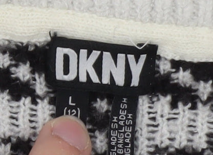 DKNY Women Black & White Houndstooth Crew Neck Jumper Size 12