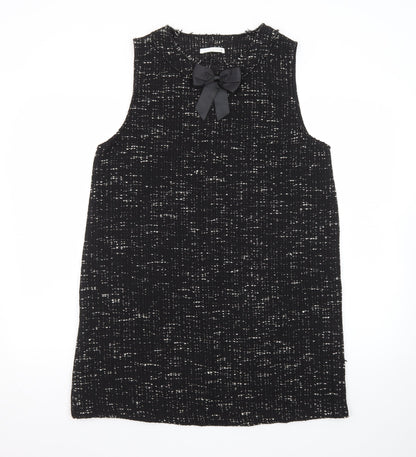 Zara Women Black Tweed Sleeveless Shift Dress L Classic Bow Detail