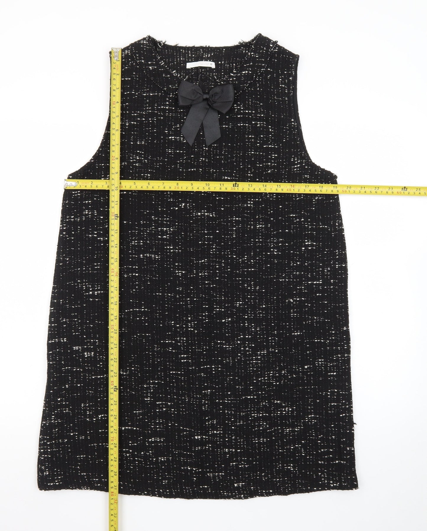 Zara Women Black Tweed Sleeveless Shift Dress L Classic Bow Detail