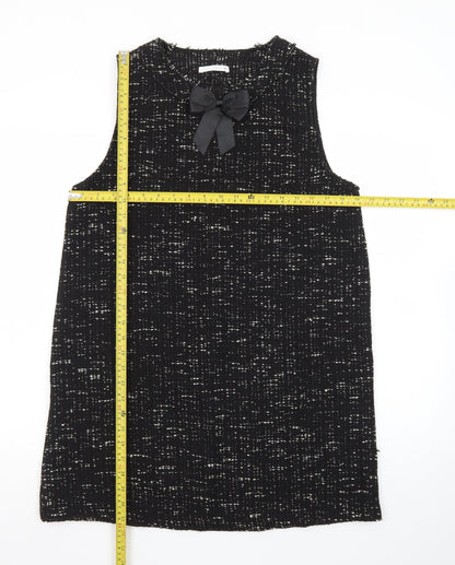 Zara Women Black Tweed Sleeveless Shift Dress L Classic Bow Detail