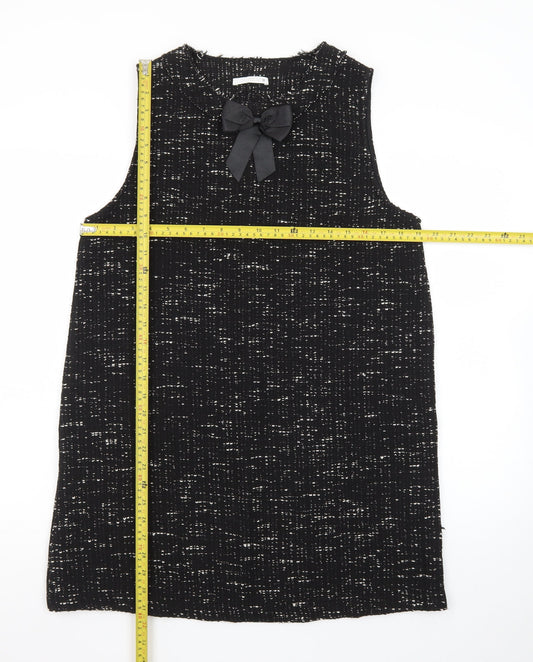 Zara Women Black Tweed Sleeveless Shift Dress L Classic Bow Detail