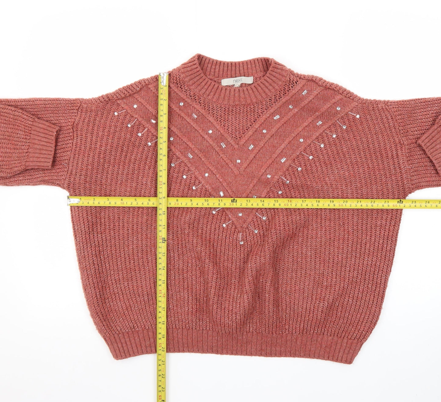 Next Women's Pink Beaded Chunky Knit Pullover Jumper Size M