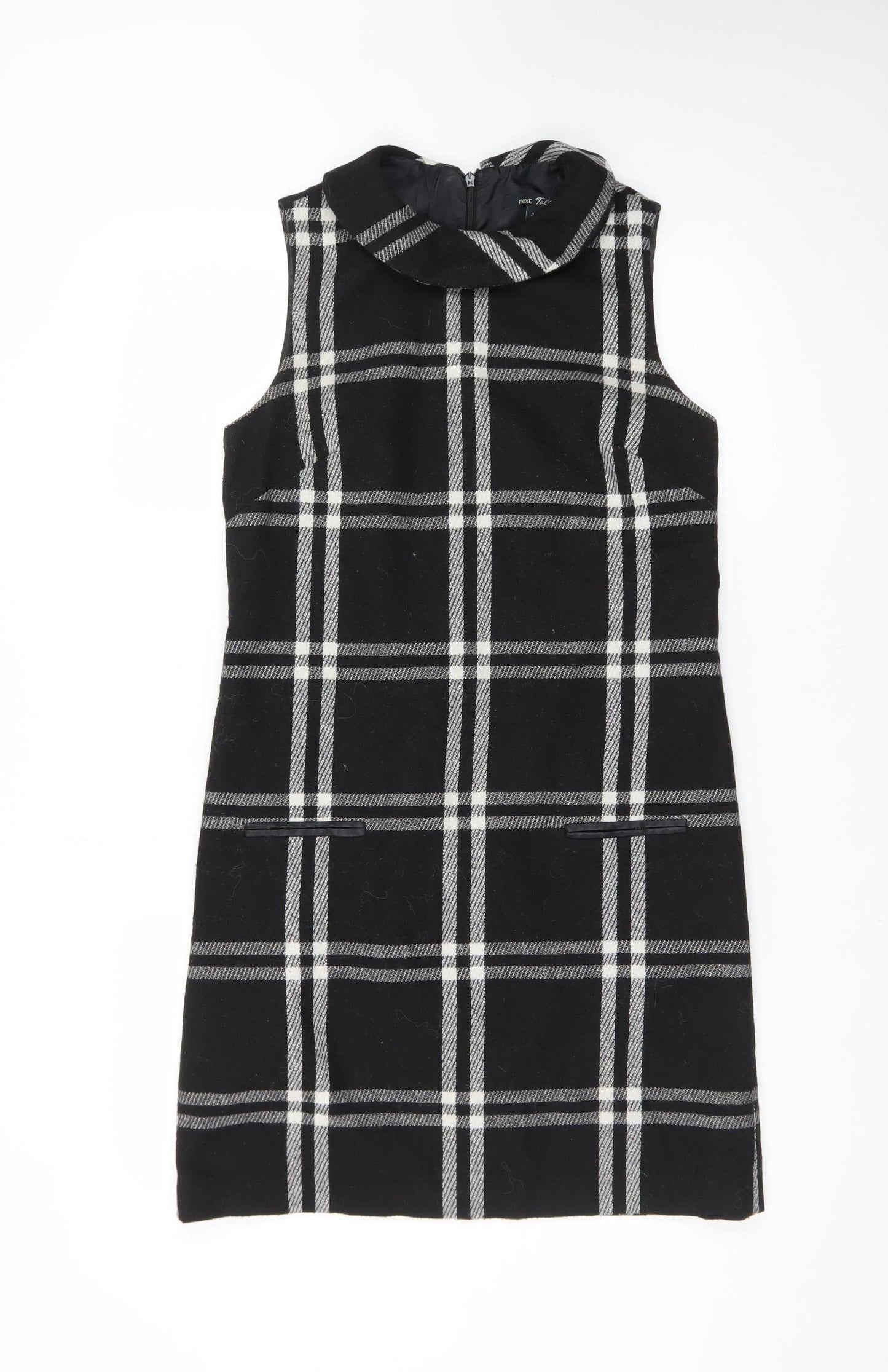 Next Women Black Check Wool Blend Sleeveless Shift Dress Size 8