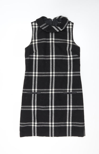 Next Women Black Check Wool Blend Sleeveless Shift Dress Size 8