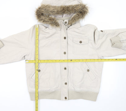 DNM Women's Beige Fur Trim Hooded Bomber Jacket Size 16