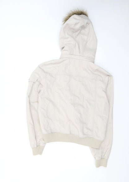 DNM Women's Beige Fur Trim Hooded Bomber Jacket Size 16