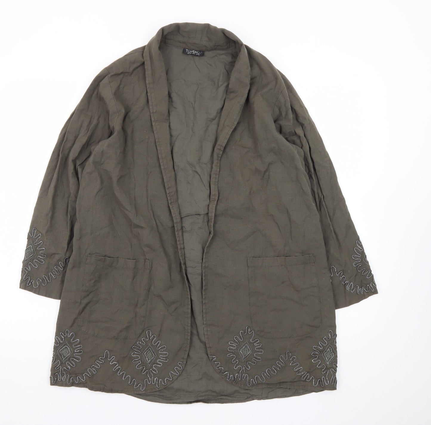 Topshop Women’s Green Linen Embroidered Kimono Jacket Size 10