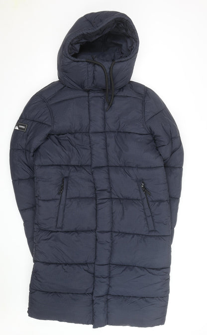 Superdry Men Blue Longline Puffer Coat Hooded Winter Jacket M