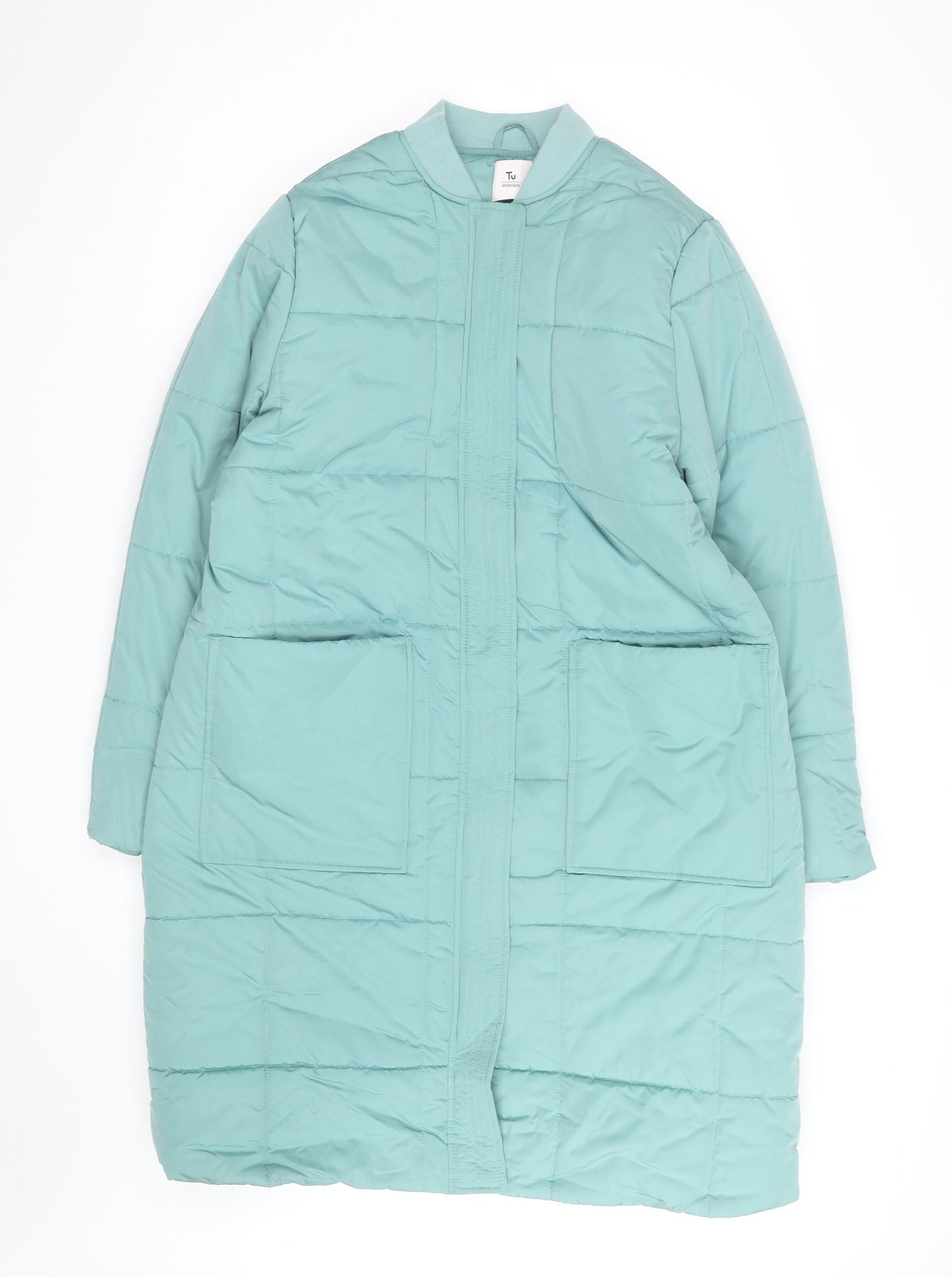 Tu Women Green Long Puffer Coat Size 14 Quilted Zip Winter Jacket