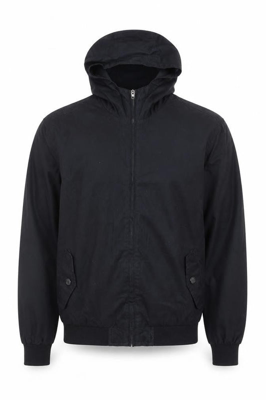 Front view of French Connection Men's Black Hooded Full Zip Windbreaker Jacket, size S