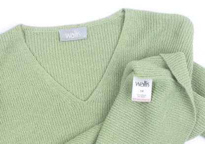 Wallis Women Green V-Neck Wool Blend Knit Jumper Size 14