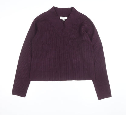 Marks and Spencer Women's Purple V-Neck Rib Knit Jumper Size S