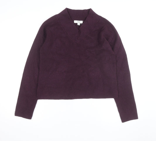 Marks and Spencer Women's Purple V-Neck Rib Knit Jumper Size S