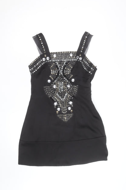 Cotton Club Women's Black Beaded Satin Camisole Tank Top Size 12