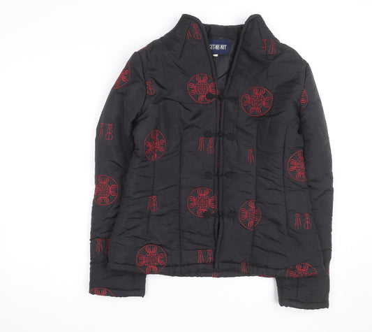 Additional front view of Forget-Me-Not unisex black quilted embroidered cotton jacket xs
