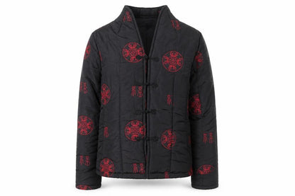 Front view of Forget-Me-Not unisex black quilted embroidered cotton jacket xs