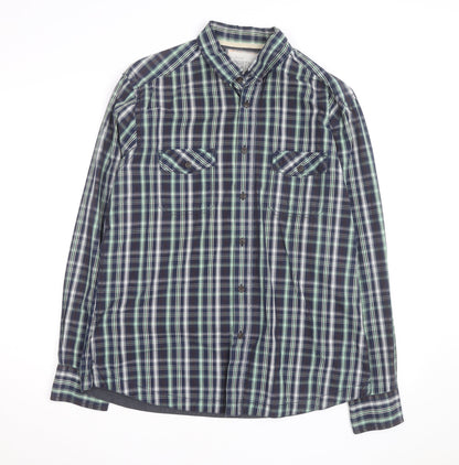Marks and Spencer Men's Blue Plaid Cotton Button-Up Shirt L