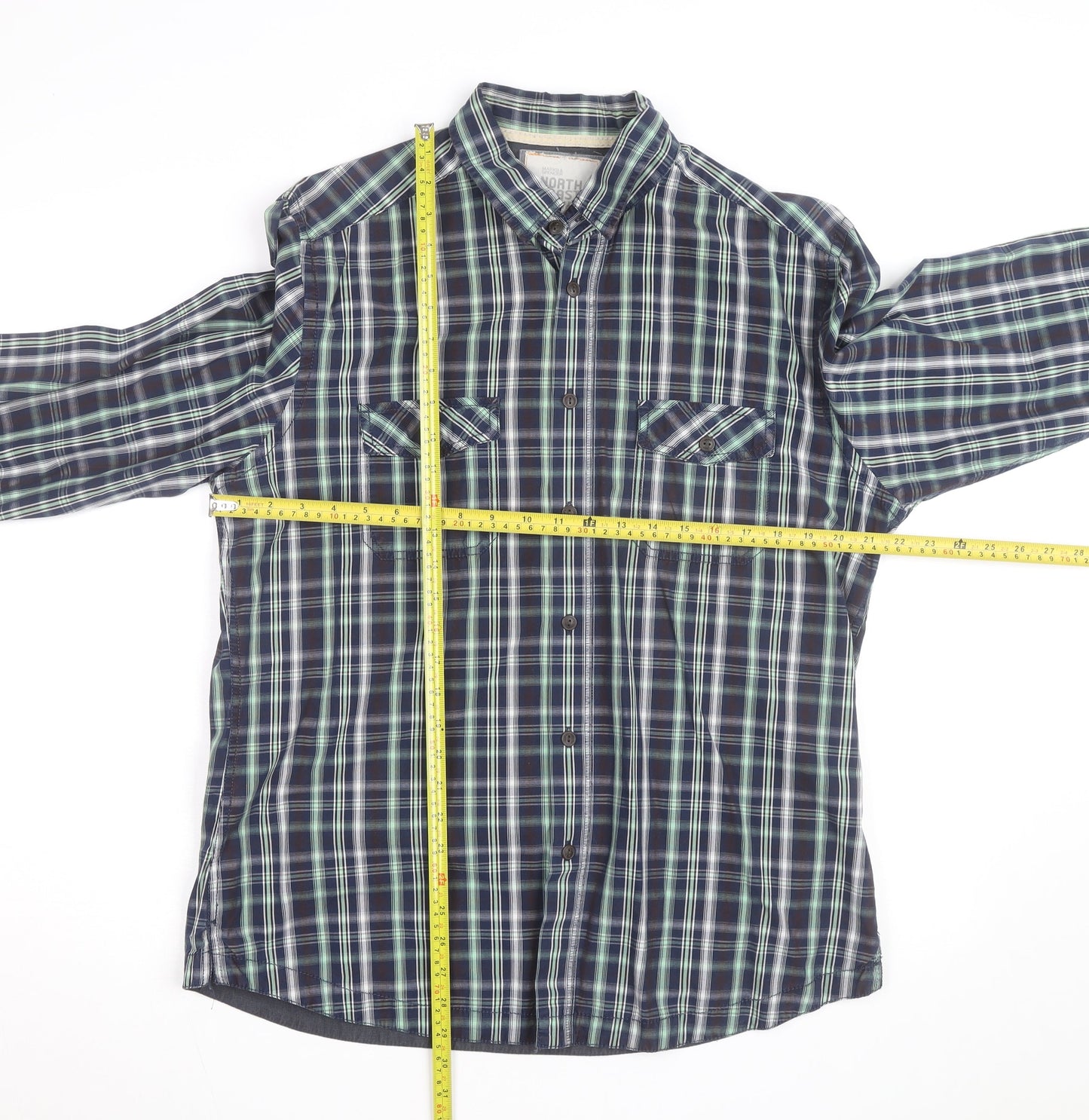 Marks and Spencer Men's Blue Plaid Cotton Button-Up Shirt L