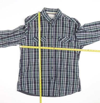 Marks and Spencer Men's Blue Plaid Cotton Button-Up Shirt L