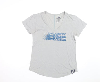 New Balance Womens Grey V-Neck Short Sleeve Cotton Blend T-Shirt Size 12