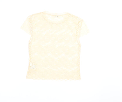 Zara Women Beige Lace Floral Short Sleeve Tunic Blouse Size S