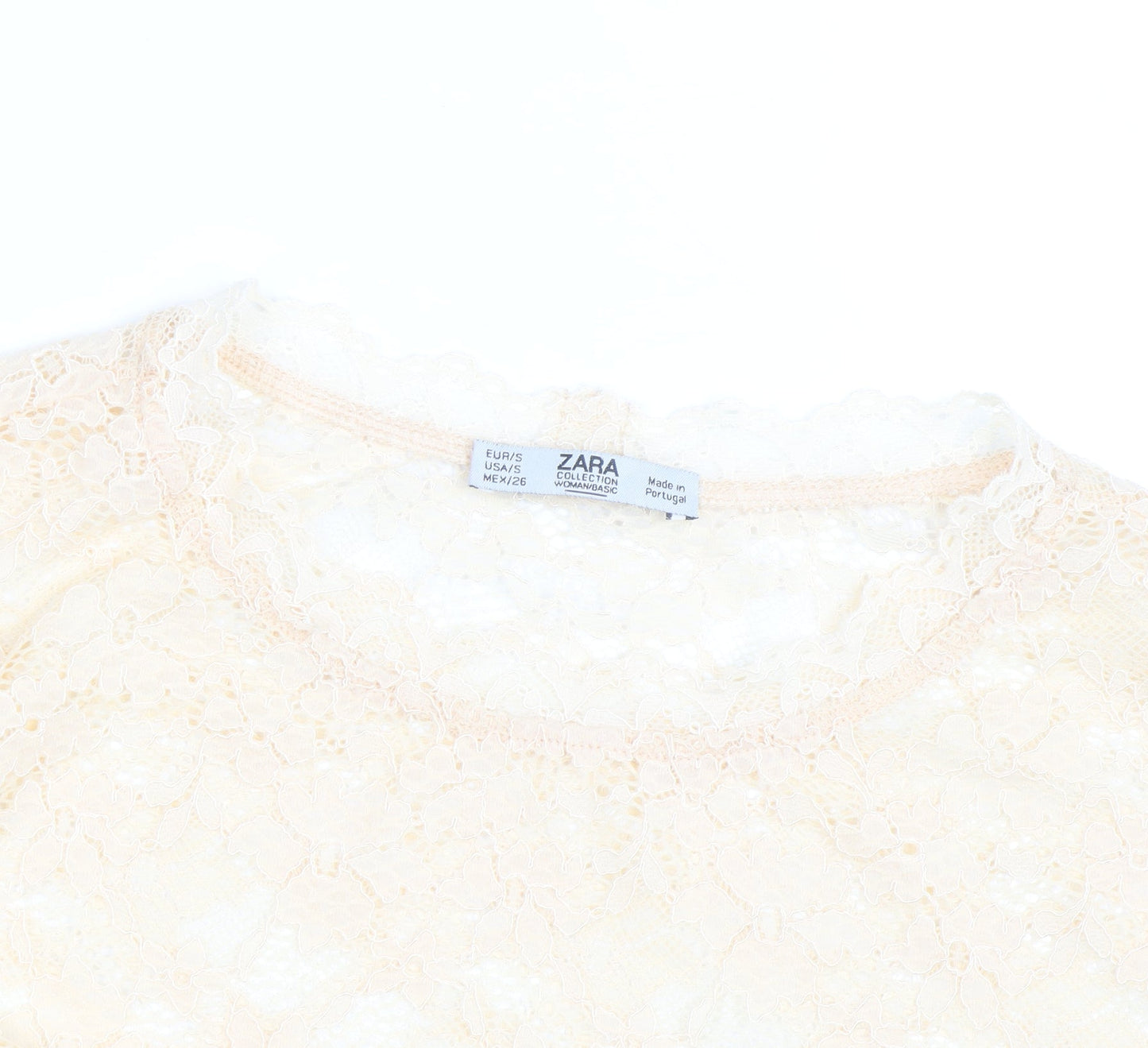 Zara Women Beige Lace Floral Short Sleeve Tunic Blouse Size S