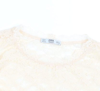 Zara Women Beige Lace Floral Short Sleeve Tunic Blouse Size S