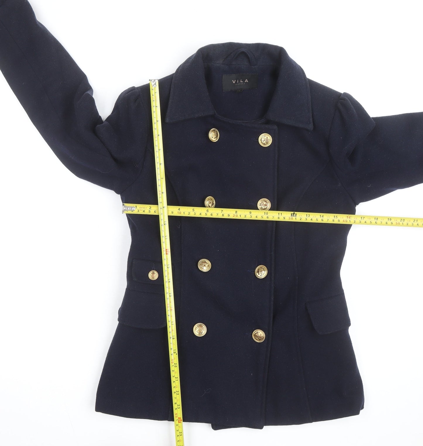 Vila Unisex Navy Blue Wool Blend Pea Coat Size S with Gold Buttons
