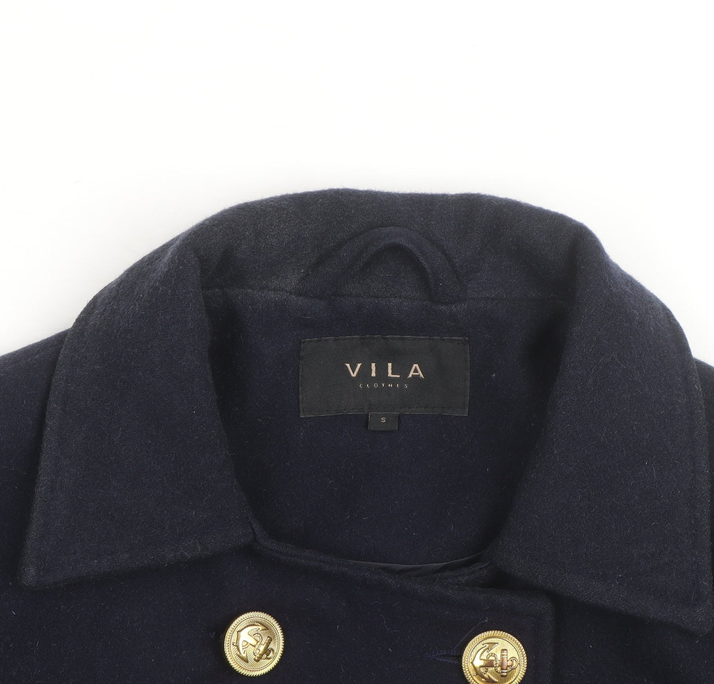 Vila Unisex Navy Blue Wool Blend Pea Coat Size S with Gold Buttons