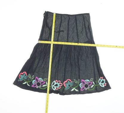 Monsoon Women's Black Embroidered Cotton Midi Peasant Skirt Size 14