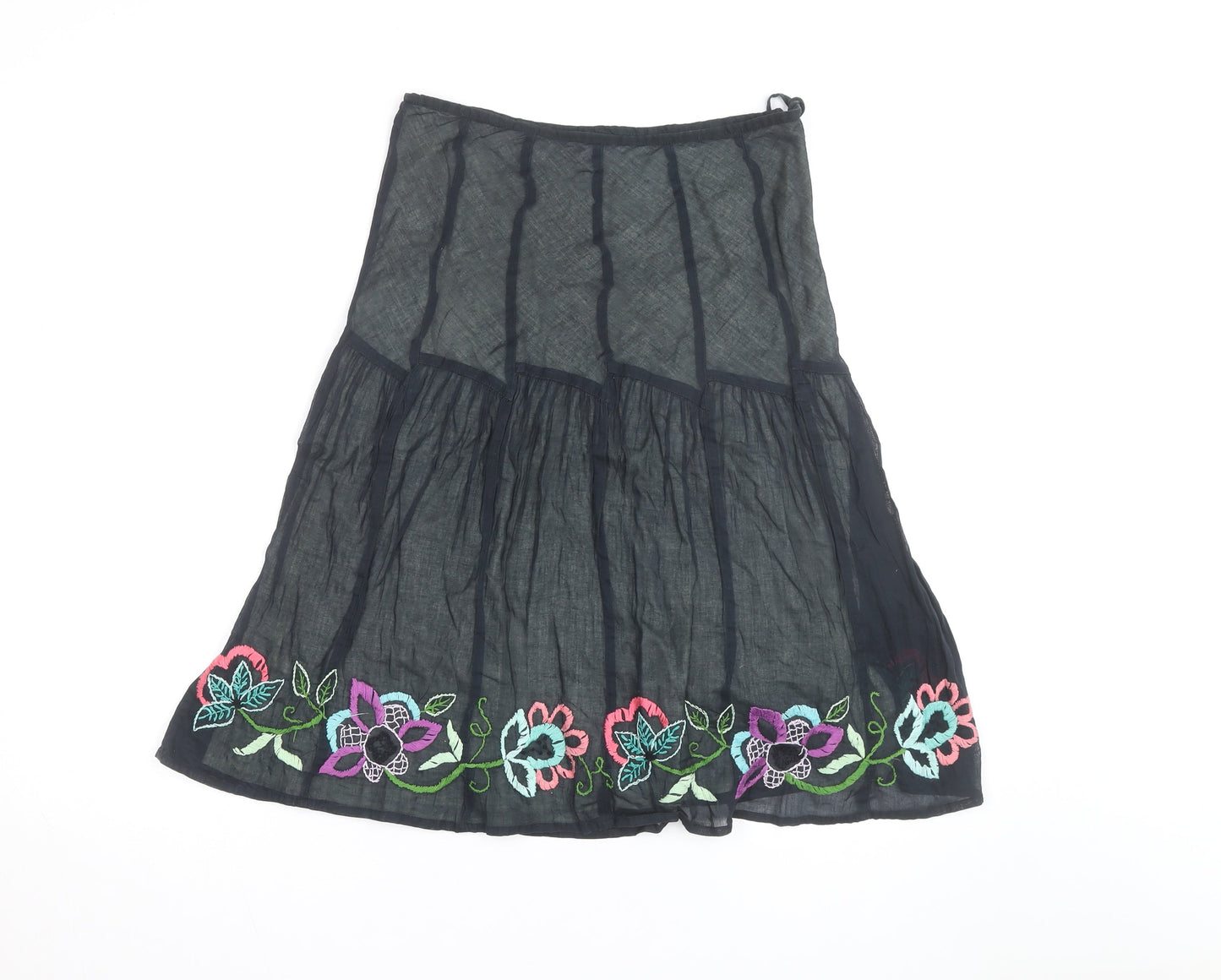 Monsoon Women's Black Embroidered Cotton Midi Peasant Skirt Size 14