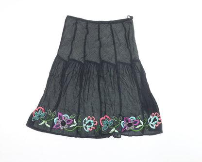 Monsoon Women's Black Embroidered Cotton Midi Peasant Skirt Size 14