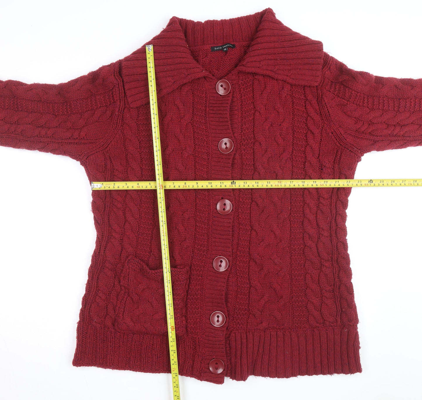 David Emanuel Women's Red Cable-Knit Cardigan Size 20 Acrylic Wool Blend